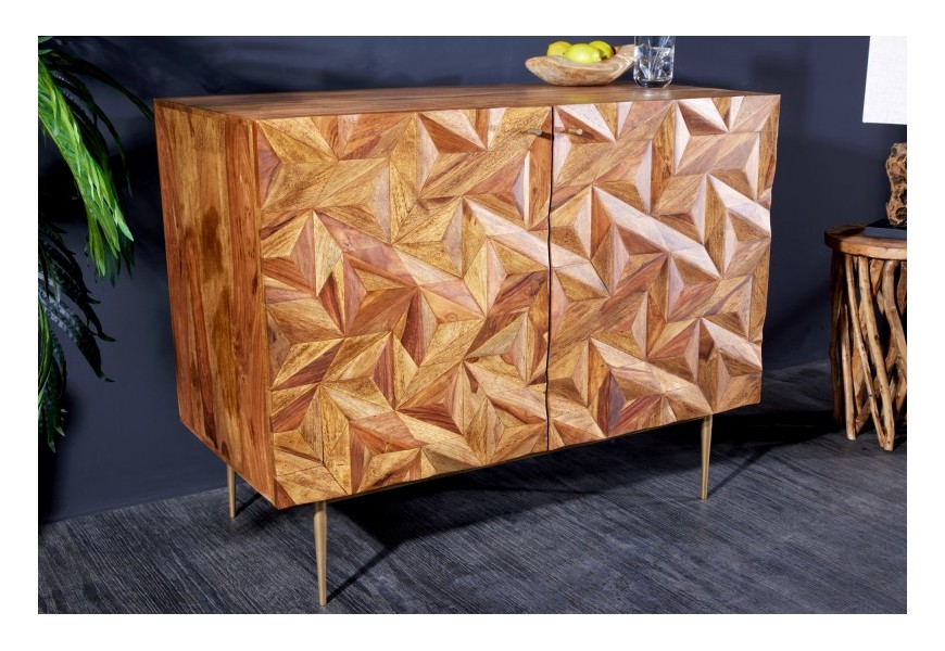 Art deco dizajnová barová skrinka Sovoy z masívneho dreva sheesham s poličkami, dvierkami a zlatými nožičkami z kovu