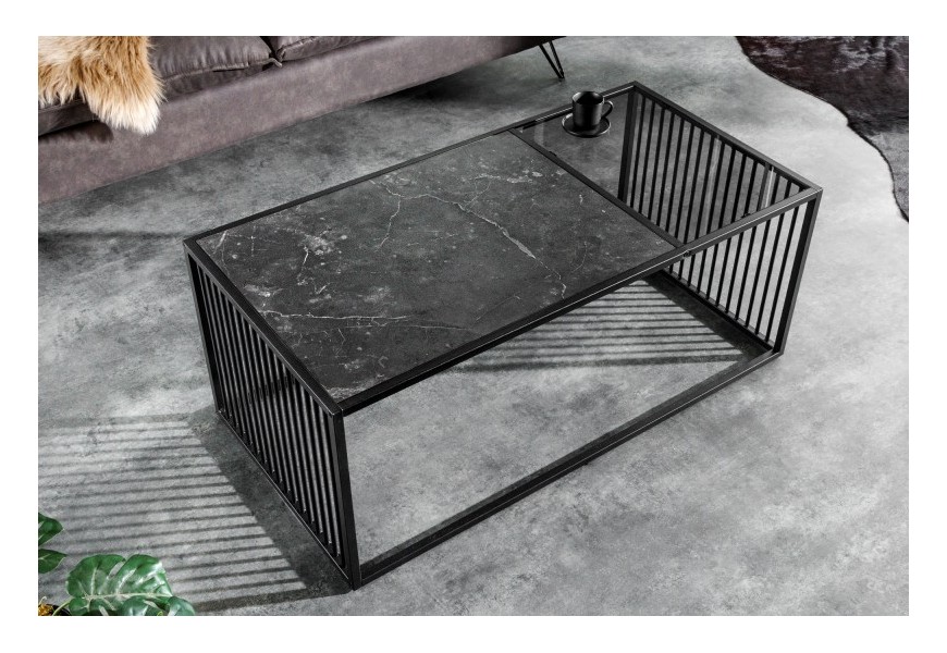 Dizajnový industriálny konferenčný stolík Westford v čiernom prevedení z kovu s mramorovou doskou
