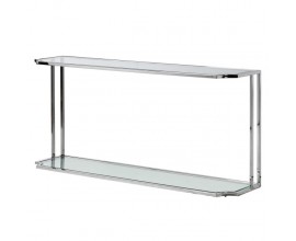 Štýlový obdĺžnikový konzolový stolík Anesi zo skla s kovovou chrómovou konštrukciou striebornej farby