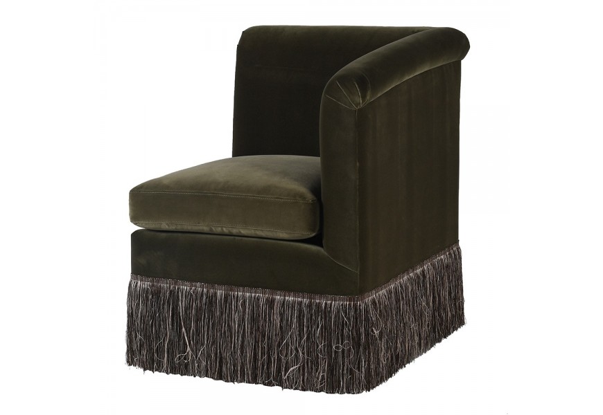 Moderné zelené kreslo Fring so zamatovým čalúnením pravý roh