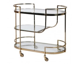 Dizajnový glamour barový vozík Monte so zlatou konštrukciou z kovu na koliečkach a s tromi sklenenými poličkami