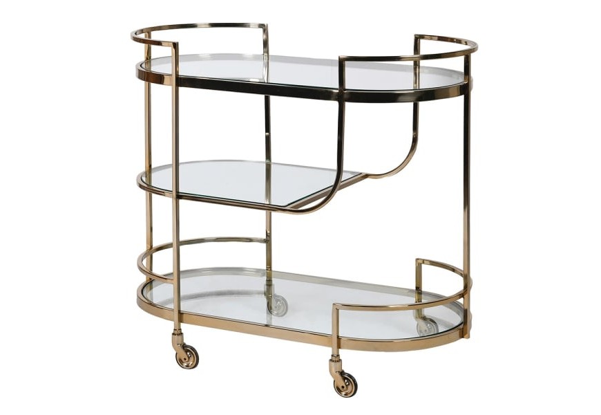 Dizajnový glamour barový vozík Monte so zlatou konštrukciou z kovu na koliečkach a s tromi sklenenými poličkami