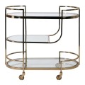 Art deco glamour barový vozík Monte s kovovou zlatou konštrukciou a s tromi sklenenými poličkami 90cm