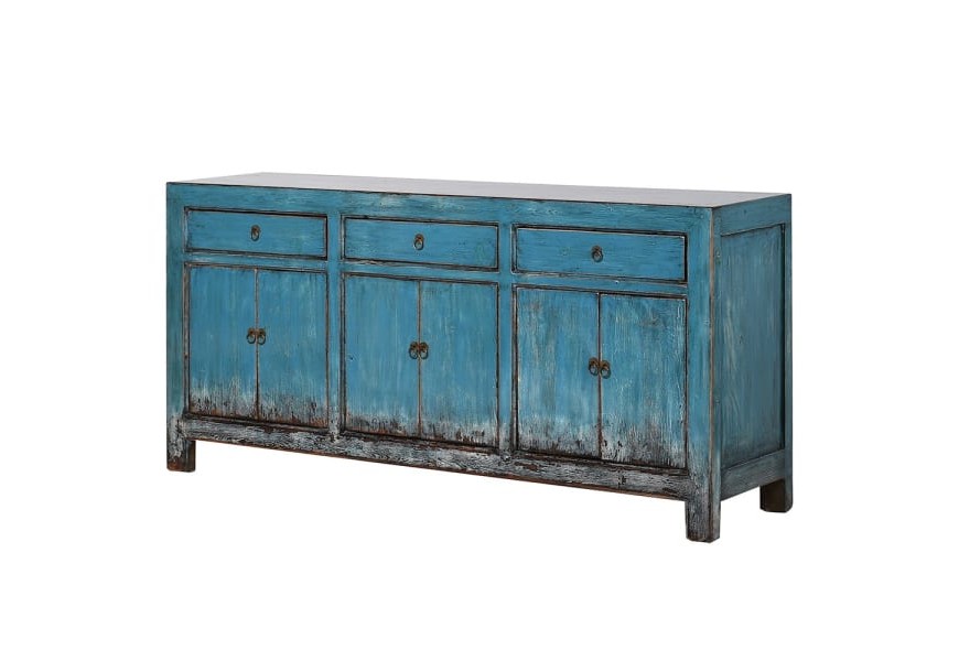 Orientálny príborník Kolorida z masívneho dreva v modrom prevedení s vintage patinou