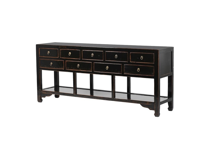 Masívna konzola Kolorida v tmavohnedom prevedení vo vintage štýle s deviatimi zásuvkami s kovovými rukoväťami