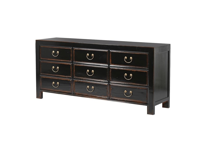 Luxusná vintage komoda Kolorida čiernej farby z masívneho dreva s deviatimi zásuvkami s kovovými úchytmi
