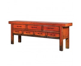 Vintage konzolový stolík Kolorida oranžovej farby z masívneho dreva s patinou a siedmimi zásuvkami 250cm