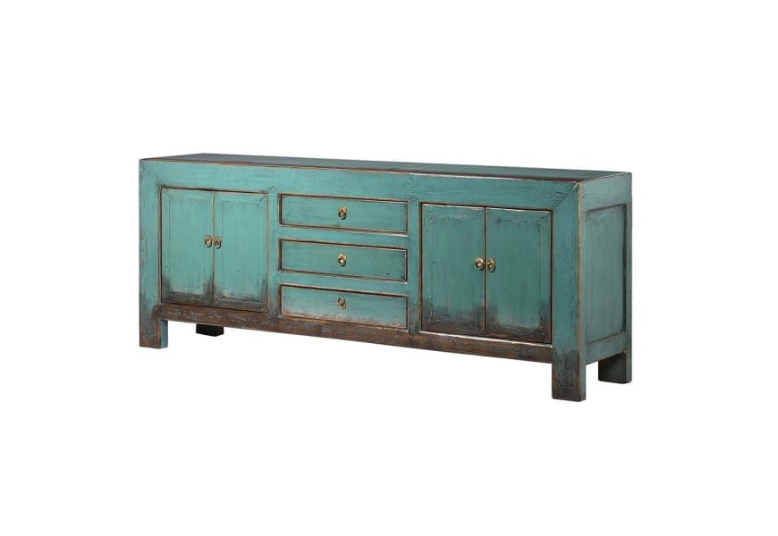 Masívna tyrkysová komoda Kolorida vo vintage štýle s tromi zásuvkami a dvomi dvierkami so zlatým zdobením