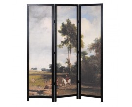 Unikátny trojitý paraván SIlencio vo vintage štýle s maľovanou prírodnou scenériou a s čiernym dreveným rámom