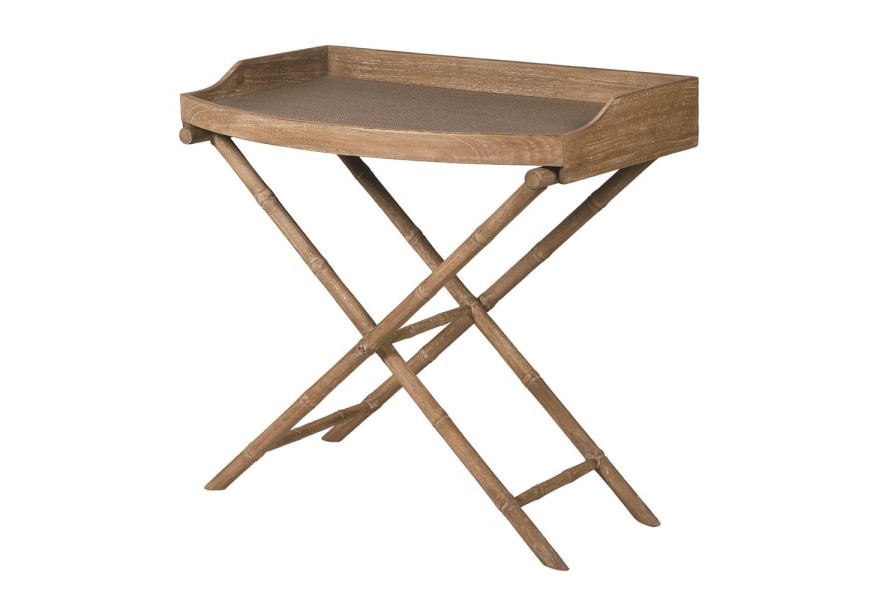 Drevený barový stolík Barbadosa vo vidieckom štýle hnedej farby s prekríženými nohami