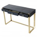 Luxusný kožený písací stôl Ursula modrej farby so zlatou kovovou konštrukciou 118cm