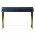 Elegantný písací stôl Ursula s tmavomodrým poženým poťahom a zlatou konštrukciou z kovu