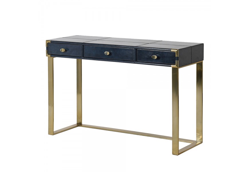 Luxusný kožený písací stôl Ursula v tmavomodrom prevedení s tromi zásuvkami a kovovou zlatou konštrukciou