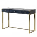 Luxusný kožený písací stôl Ursula v tmavomodrom prevedení s tromi zásuvkami a kovovou zlatou konštrukciou