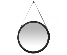 Dizajnové okrúhle nástenné zrkadlo Ursula s koženým rámom čiernej farby 81cm