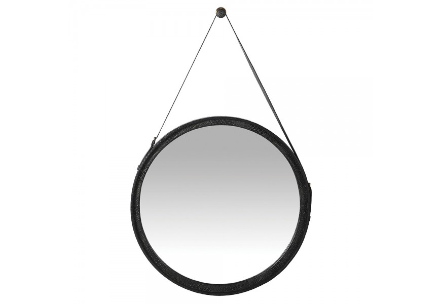 Okrúhle závesné zrkadlo Ursula s koženým rámom čiernej farby