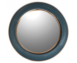 Dizajnové art deco nástenné zrkadlo Estee s kovovým okrúhlym rámom modrej farby so zlatým zdobením 88cm