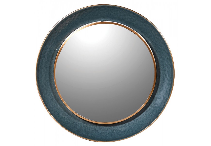 Art deco okrúhle nástenné zrkadlo Estee v modrom prevedení so zlatým zdobením