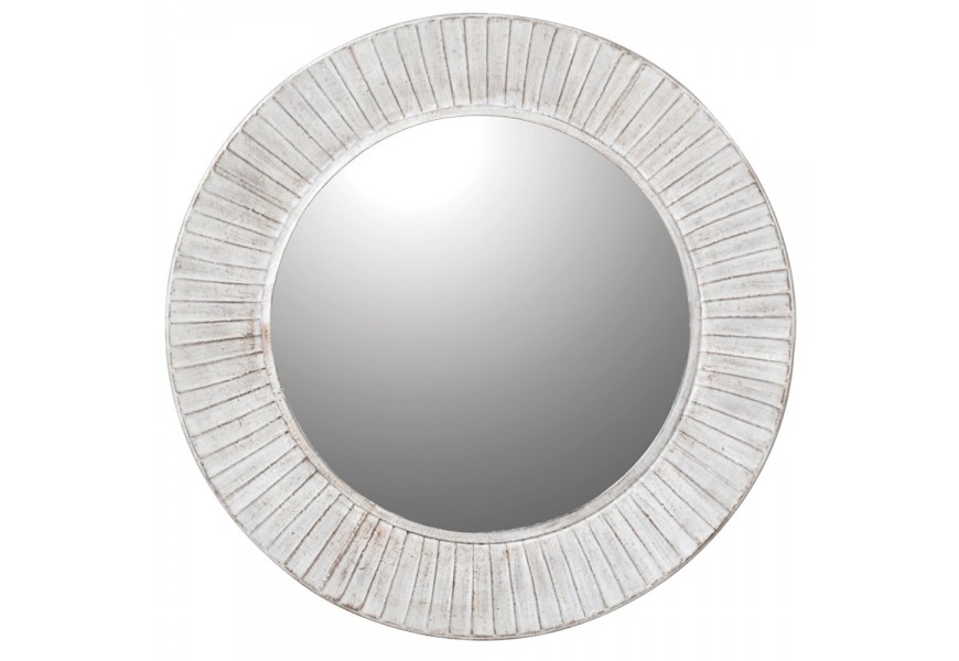 Štýlové vintage závesné zrkadlo Peyton s okrúhlym rámom bielej farby s reliéfnym zdobením