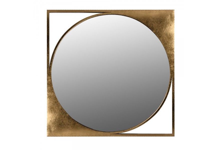 Art-deco kruhové zrkadlo Kvadrok s štvorcovým rámom so zlatou farbou 81cm