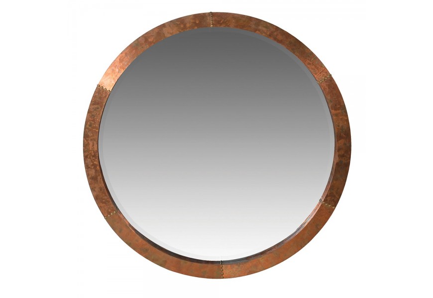 Mosadzné okrúhle zrkadlo Barrata v industriálnom štýle s pololesklým finišom rámu s medeným odleskom a ozdobnými zvarmi