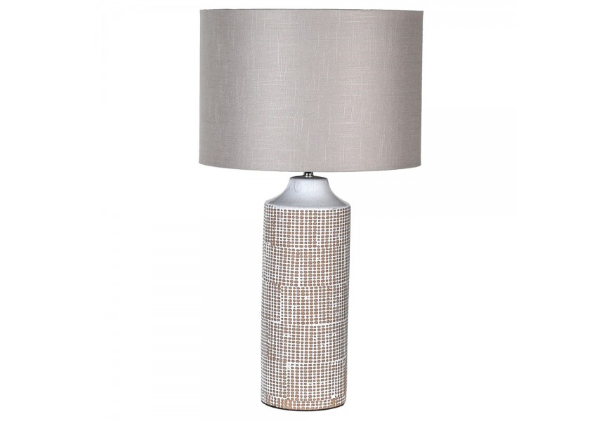 Dizajnová nočná lampa Ima s keramickou ozdobnou podstavou a okrúhlym béžovým tienidlom 68cm