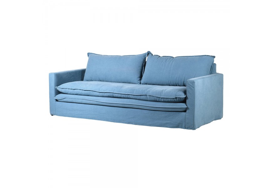 Luxusná trojsedačka Sky v modernom azúrovo modrom prevedení s čalúnením z ľanu