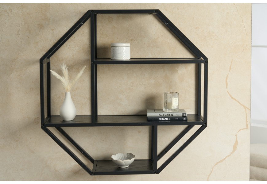 Industriálna dizajnová nástenná polička Industria Negra v čiernom prevedení osemuholníkového tvaru z dreva a kovu 75cm