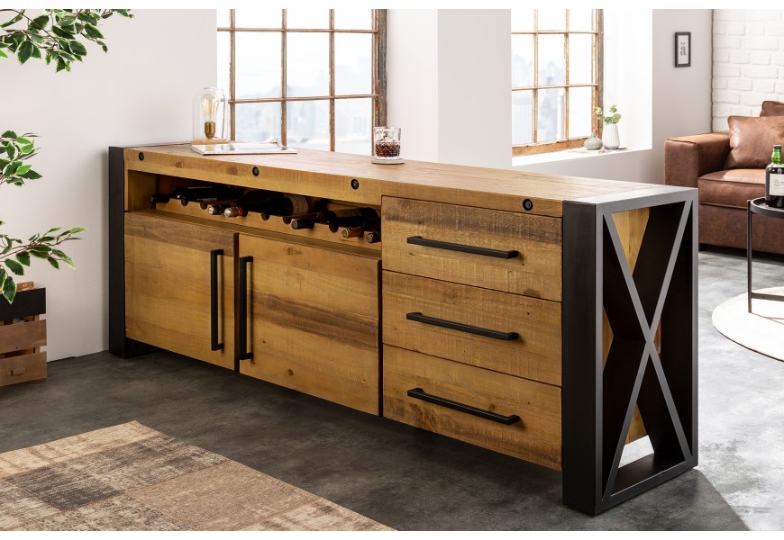 Industriálny príborník s vinotékou z masívu s čiernym oceľovým rámom Adin 195cm