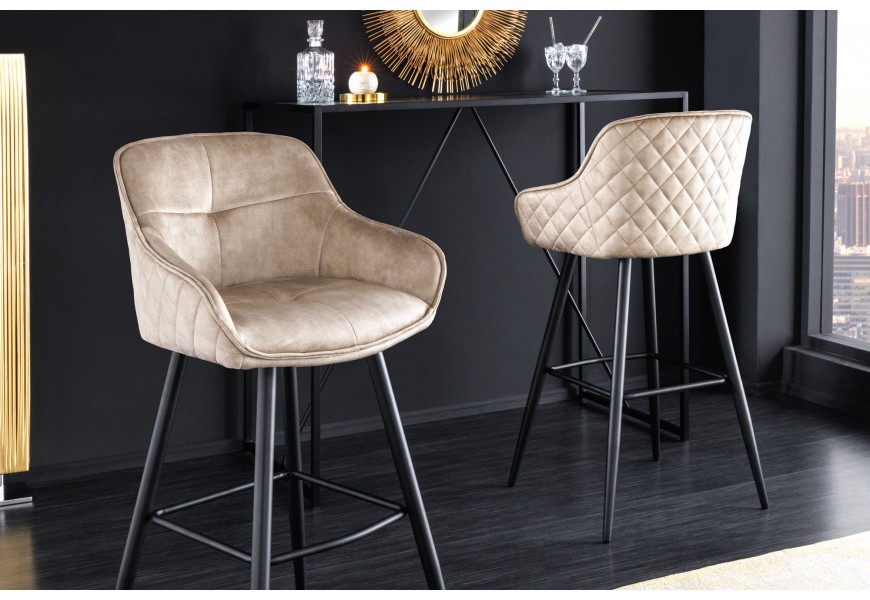Glamour dizajnová barová stolička Rufus s béžovým champagne poťahom a čiernou konštrukciou z kovu 100cm