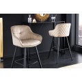 Dizajnová art deco barová stolička Rufus so zamatovým poťahom farby champagne a čiernou konštrukciou z kovu