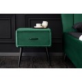 Dizajnový retro nočný stolík Alva obdĺžnikového tvaru so zeleným zamatovým poťahom so zásuvkou