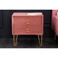 Art deco elegantný nočný stolík Bentley v ružovom prevedení s dvomi zásuvkami so zlatými kovovými nožičkami