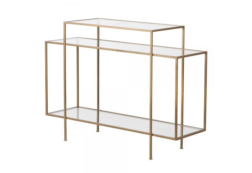 Art-deco sklenený viacúrovňový konzolový stôl v zlatej farbe s glamour nádychom