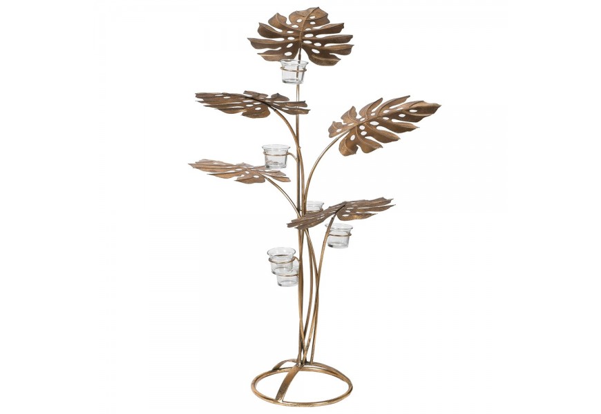 Zlatý art-deco kovový svietnik s tropickými listami a sklenenými držiakmi