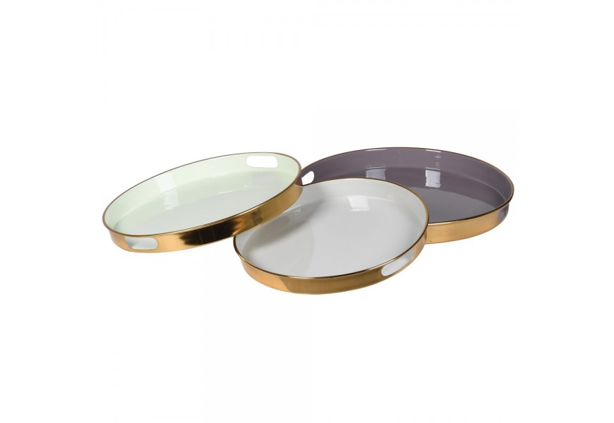 Art deco dizajnový set troch tácok Eedie z kovu zlatej farby s bielou a sivou glazúrou