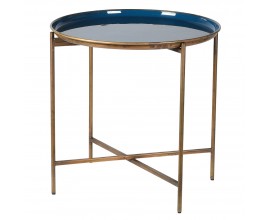 Art deco príručný stolík Eedie kruhového tvaru so zlatou kovovou konštrukciou a modrou glazúrou 52cm