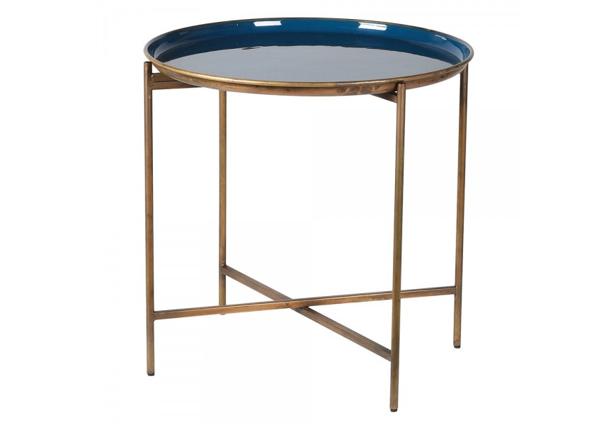 Dizajnový príručný stolík Eedie okrúhleho tvaru s modrou glazúrou a zlatou kovovou konštrukciou