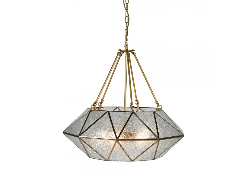 Luxusná art deco závesná lampa Erin v tvare diamantu s konštrukciou zo zlatého kovu a skla