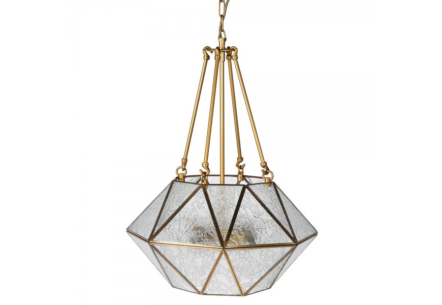Dizajnová art deco závesná lampa Erin s kovovou zlatou konštrukciou a štruktúrovaným ozdobným sklom