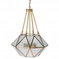 Dizajnová art deco závesná lampa Erin s kovovou zlatou konštrukciou a štruktúrovaným ozdobným sklom