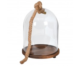 Štýlový vintage sklenený zvon Rene s drevenou okrúhlou podstavou a dizajnovým povrázkom 47cm 