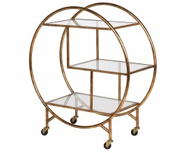 Dizajnový art deco okrúhly regál Samira so zlatou konštrukciou na koliečkach a so sklenenými poličkami
