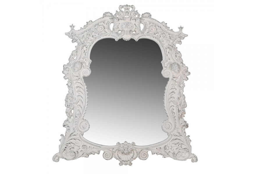 Luxusné barokové zrkadlo Selin so zdobeným rámom v bielej farbe