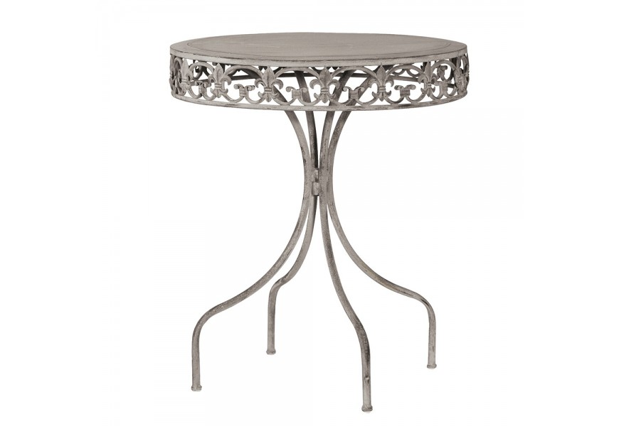 Vintage okrúhly stôl Elin z kovu v šedej farbe s ornamentami po okrajoch
