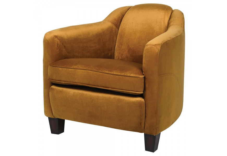 Glamour kreslo klubovka s horčicovožltým zamatovým čalúneným so štyrmi nožičkami z masívneho tmavého dreva