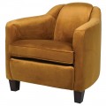 Glamour kreslo klubovka s horčicovožltým zamatovým čalúneným so štyrmi nožičkami z masívneho tmavého dreva