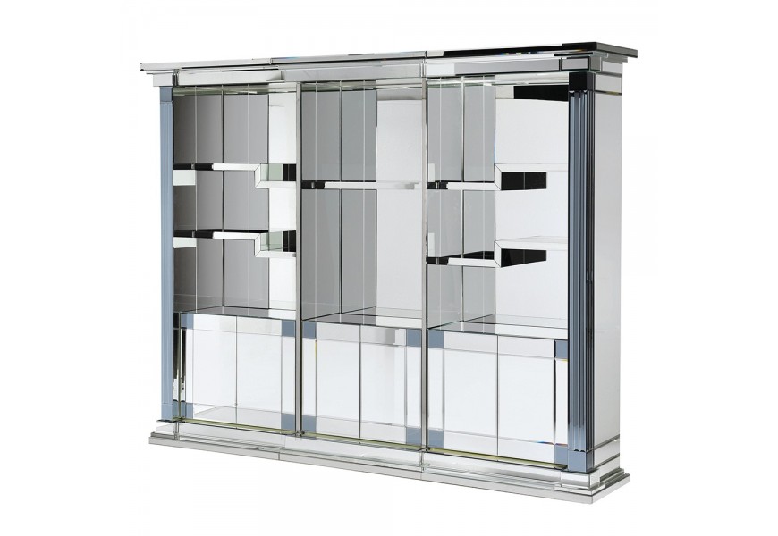 Moderná luxusná zrkadlová knižnica Shine s poličkami a skrinkami bez nožičiek v striebornej farbe