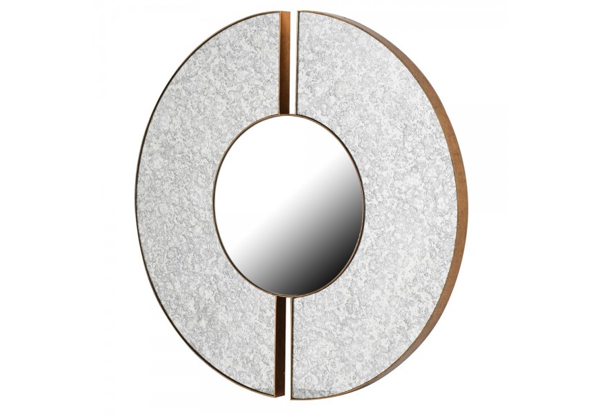 Art deco moderné okrúhle zrkadlo Develly v zlatom kovovom ráme so sivým MDF panelom