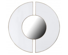 Art deco moderné okrúhle zrkadlo Develly II v hnedom ráme s bielym MDF panelom rozdeleným na dve časti
